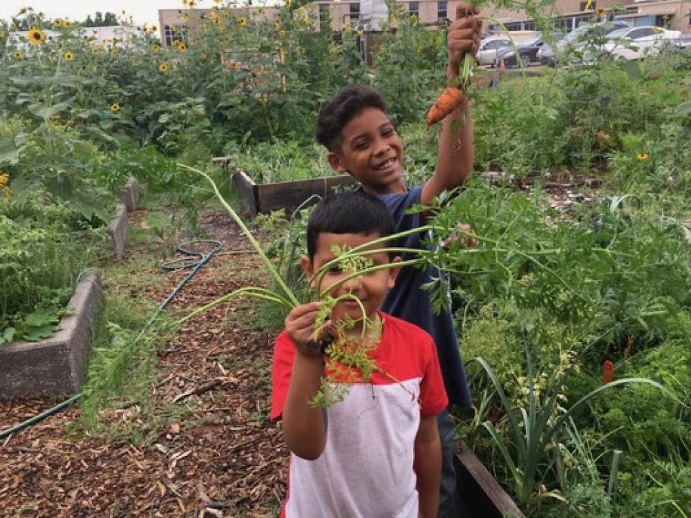 Students show off the fruits of their labor at a Promise of Peace Garden in Dallas.