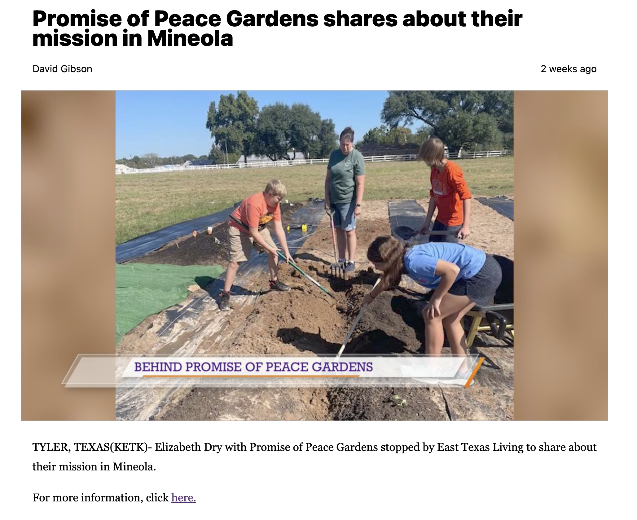 Promise of Peace Gardens shares about their mission in Mineola David Gibson 2 weeks ago TYLER, TEXAS(KETK)- Elizabeth Dry with Promise of Peace Gardens stopped by East Texas Living to share about their mission in Mineola.